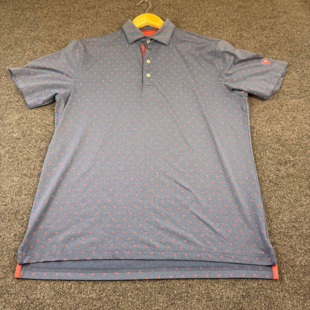 johnnie-O Polo Shirt Mens Medium Blue Good Fish Print Performance Stretch Short